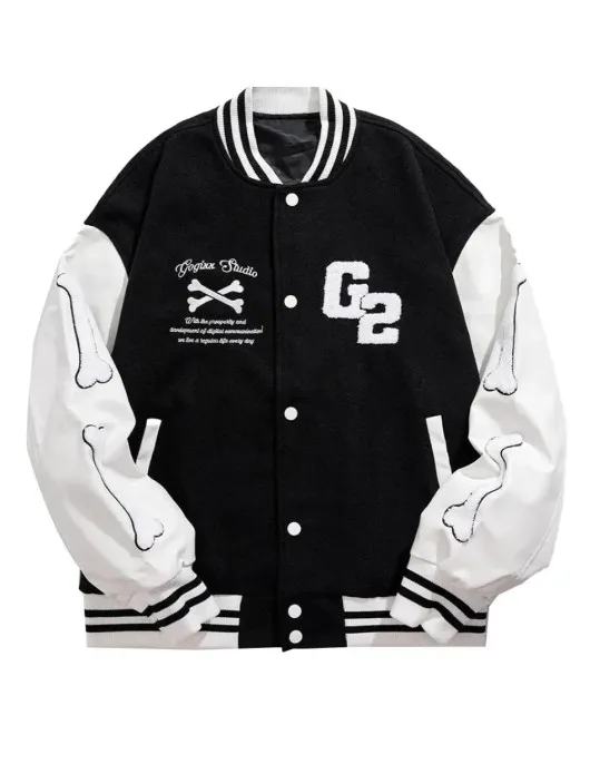 G2 Black Skeleton Print Varsity Jacket