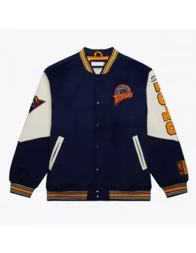 Golden State Warriors Team History Navy Vintage Logo Varsity Jacket