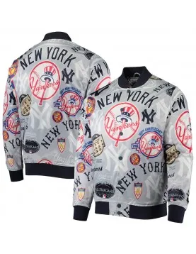 Gray New York Yankees Allover Print Satin Full-Snap Varsity Jacket
