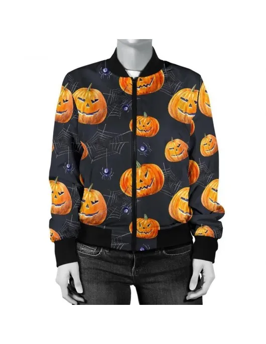 Halloween Pumpkin Spider Print Bomber Jacket Halloween Pumpkin Spider Print Bomber Jacket