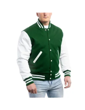 Kelly Green Wool Body &amp; Bright White Leather Sleeves Letterman Jacket