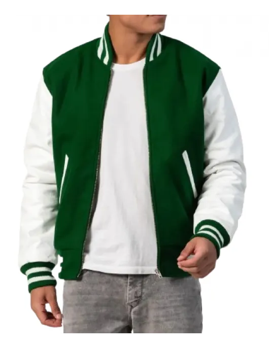 Kelly Green Wool Body & White Leather Sleeves Letterman Jacket With Zipper Kelly Green Wool Body & White Leather Sleeves Letterman Jacket With Zipper