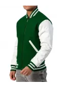 Kelly Green Wool Body & White Leather Sleeves Letterman Jacket With Zipper Kelly Green Wool Body & White Leather Sleeves Letterman Jacket With Zipper