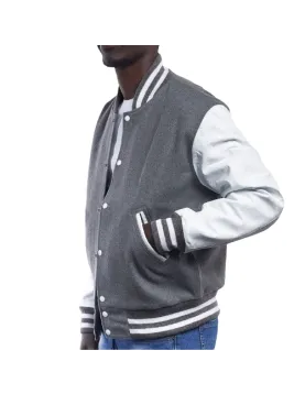Light Oxford Wool Body &amp; Bright White Leather Sleeves Letterman Jacket