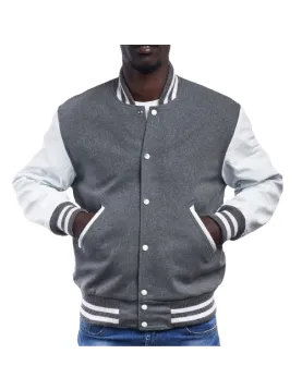 Light Oxford Wool Body &amp; Bright White Leather Sleeves Letterman Jacket