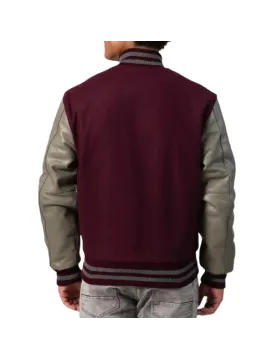 Maroon Body &amp; Grey Leather Sleeves Letterman Jacket
