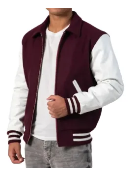 Maroon Body &amp; White Sleeves Letterman Jacket With Byron Collar &amp; Zipper