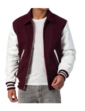 Maroon Body &amp; White Sleeves Letterman Jacket With Byron Collar &amp; Zipper