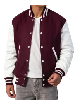 Maroon Wool Body &amp; Bright White Leather Sleeves Letterman Jacket