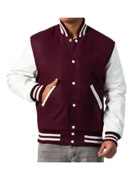 Maroon Wool Body &amp; Bright White Leather Sleeves Letterman Jacket