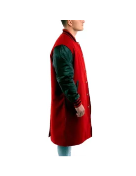 Scarlet Wool Body &amp; Black Leather Sleeves Letterman Coat