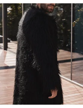 Men's Black Shaggy Llama Faux Fur Coat