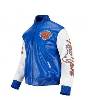 Men's New York Knicks "City Signature" Royal Blue &amp; White Leather Varsity Jacket