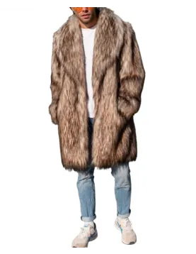 Men's Shawl Collar Coyote Faux Fur Midi Coat with Collared Design