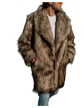 Men's Shawl Collar Coyote Faux Fur Midi Coat with Collared Design