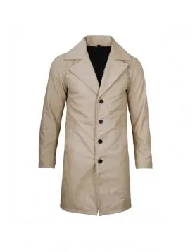 Men’s Beige Real Leather Coat – Notch Lapel