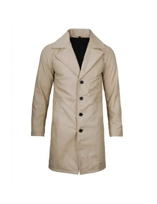 Men’s Beige Real Leather Coat – Notch Lapel