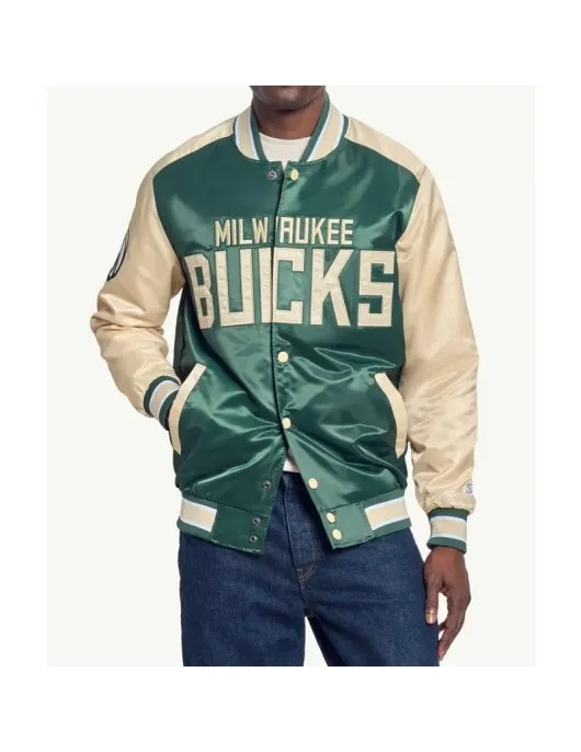 Milwaukee Bucks Green and Cream Varsity Satin Jacket
