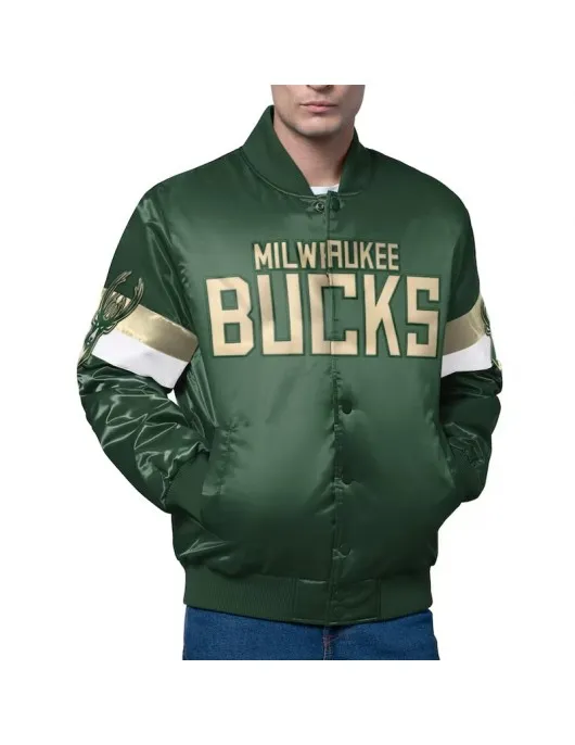 Milwaukee Bucks Triple Option Varsity Satin Jacket Milwaukee Bucks Triple Option Varsity Satin Jacket
