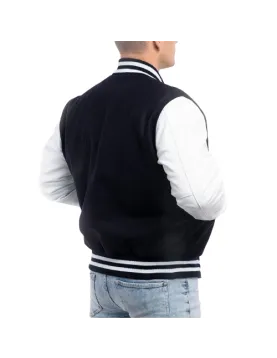 Navy Blue Wool Body &amp; Bright White Leather Sleeves Letterman Jacket