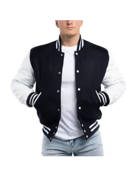 Navy Blue Wool Body &amp; Bright White Leather Sleeves Letterman Jacket