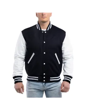 Navy Blue Wool Body &amp; Bright White Leather Sleeves Letterman Jacket