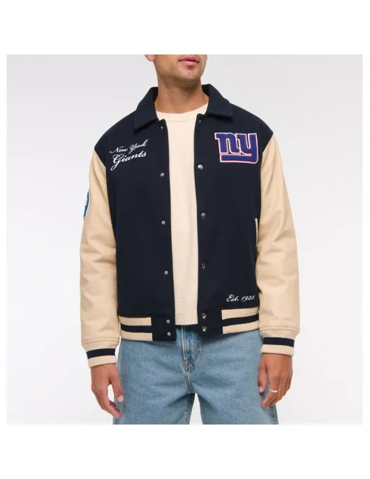 NY Giants Navy and Eggshell Varsity Bomber Jacket NY Giants Navy and Eggshell Varsity Bomber Jacket
