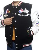 Paris 2024 France Olympics Black Wool White Leather Varsity Jacket