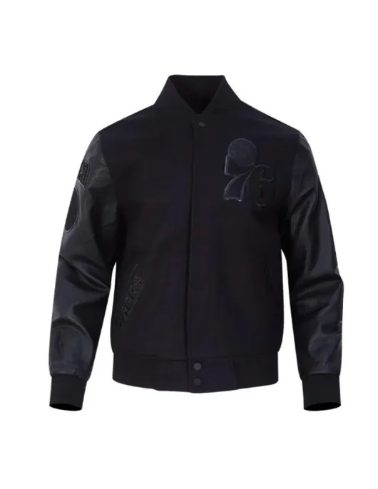 Philadelphia 76ers Triple Black Varsity Jacket Wool and Leather