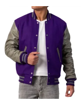 Purple Body & Grey Leather Sleeves Letterman