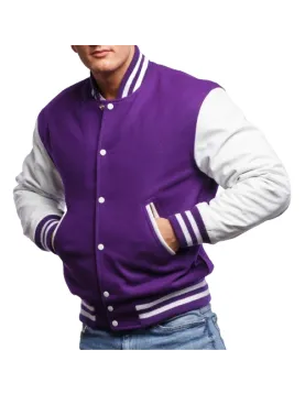 Purple Wool Body &amp; Bright White Leather Sleeves Letterman Jacket