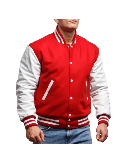 Red Wool and White Leather Varsity Letterman Jacket Red Wool and White Leather Varsity Letterman Jacket