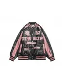 Retro Y2K Black and Pink Embroidered American Vintage Leather Bomber Jacket Retro Y2K Black and Pink Embroidered American Vintage Leather Bomber Jacket