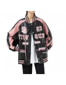 Retro Y2K Black and Pink Embroidered American Vintage Leather Bomber Jacket Retro Y2K Black and Pink Embroidered American Vintage Leather Bomber Jacket