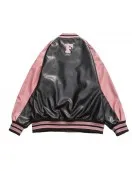 Retro Y2K Black and Pink Embroidered American Vintage Leather Bomber Jacket Retro Y2K Black and Pink Embroidered American Vintage Leather Bomber Jacket