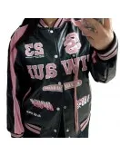 Retro Y2K Black and Pink Embroidered American Vintage Leather Bomber Jacket Retro Y2K Black and Pink Embroidered American Vintage Leather Bomber Jacket