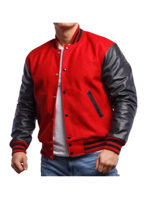 Scarlet Red Wool & Black Leather Varsity Letterman Jacket Scarlet Red Wool & Black Leather Varsity Letterman Jacket