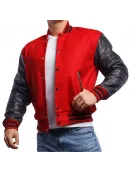 Scarlet Red Wool & Black Leather Varsity Letterman Jacket Scarlet Red Wool & Black Leather Varsity Letterman Jacket