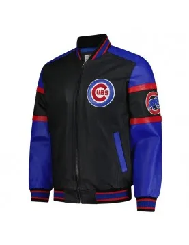Striped Chicago Cubs Varsity Black and Blue Full-Zip Leather Jacket
