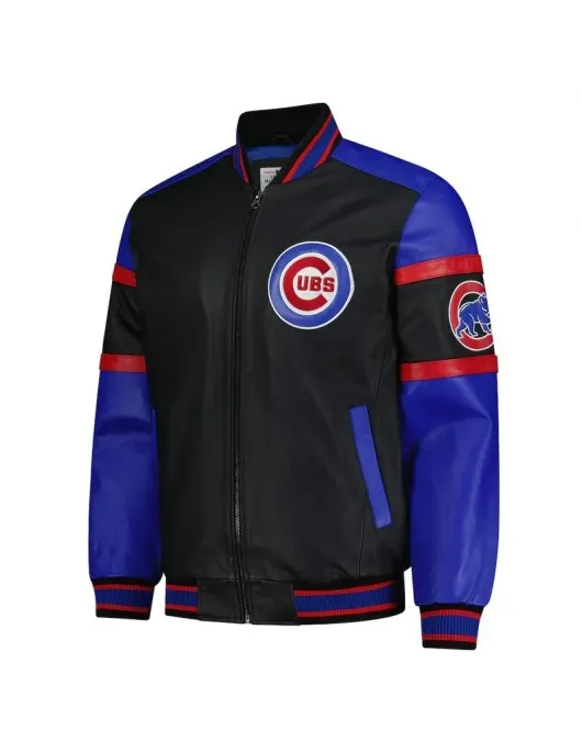 Striped Chicago Cubs Varsity Black and Blue Full-Zip Leather Jacket Striped Chicago Cubs Varsity Black and Blue Full-Zip Leather Jacket