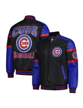 Striped Chicago Cubs Varsity Black and Blue Full-Zip Leather Jacket