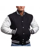 White Genuine Leather & Black Wool Varsity Letterman Jacket