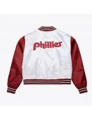 Women’s Philadelphia Phillies Cropped White and Red Satin Jacket Women’s Philadelphia Phillies Cropped White and Red Satin Jacket