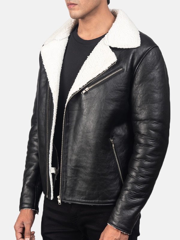 Men S White Fur Black Leather Jacket, Faux Fur Leather Coat Mens