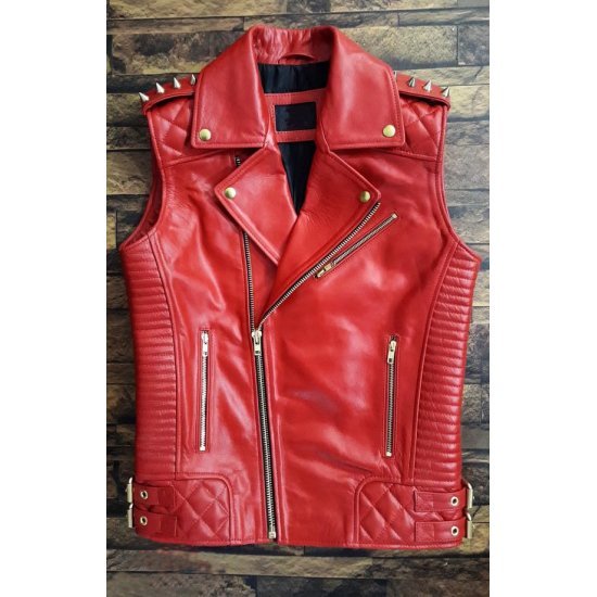 red sleeveless leather jacket