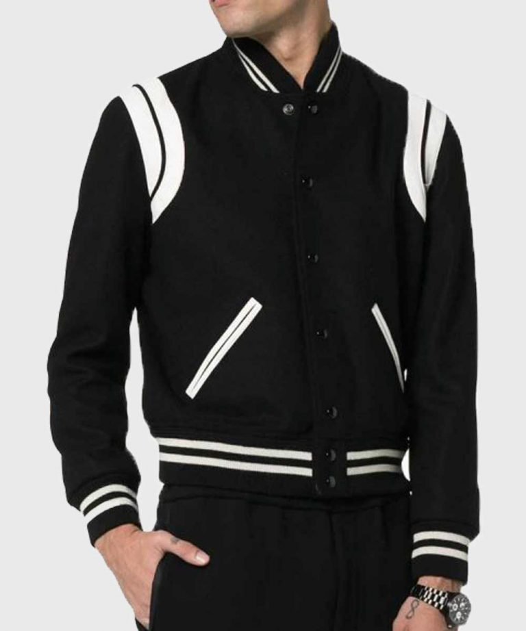 Saint Laurent Black and White Leather Teddy Bomber Jacket Saint